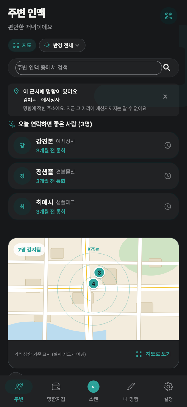 커넥션센스 앱의 주변 인맥 화면. 오늘 연락하면 좋은 사람 목록과 가까운 인맥의 거리를 보여 주는 지도 영역이 있어요.